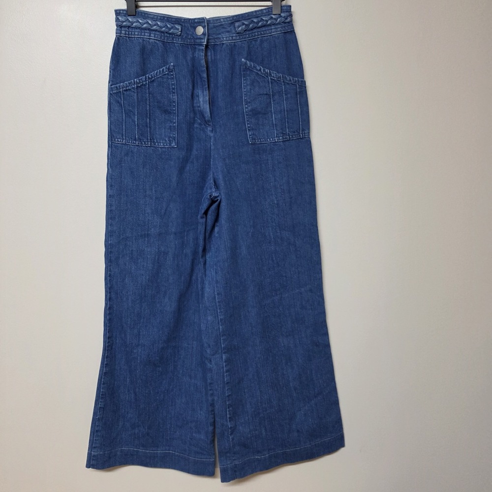 Maje Womens 38 Blue Denim Wide Leg Jeans Braided Waist High Rise Patch Pocket